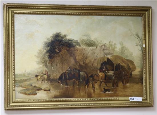 19th century English School, oil on canvas, Wagon crossing a brook, 47 x 73cm